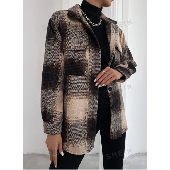 Oversized Plaid Shacket Jacket – Neutral Brown Checkered Coat Size Large - Picture 4 of 5
